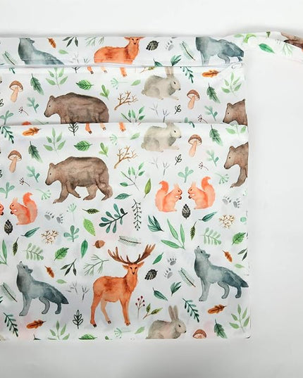 Wet Dry Bag Baby Cloth Diaper NappyReusable Washable With Two Zippered Pockets (Watercolour Animals)