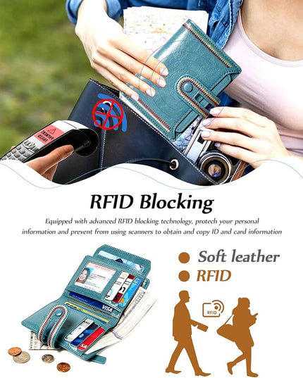 TFKGS Small Wallet for Women Vegan Leather RFID Blocking Bifold Compact Credit Card Holder with Zipper Coin Pocket Blue