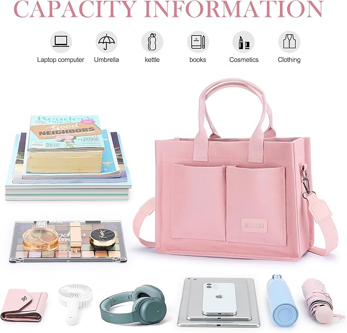 Mossio Large Canvas Tote Bag for Women with Pockets - Laptop Crossbody Work Tote Bag Everyday Bag Shoulder Purse Handbag