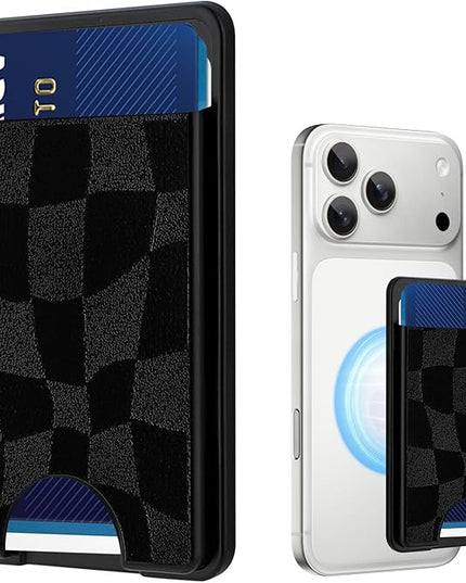 Stronger Magnetic Card Slot Wallet for iPhone 17/16/15/14/13/12 Series (Not for 13/12 Mini), Checkered Pattern Hard Card Holder Fit 3 Cards Compatible with Magsafe Accessories, Black