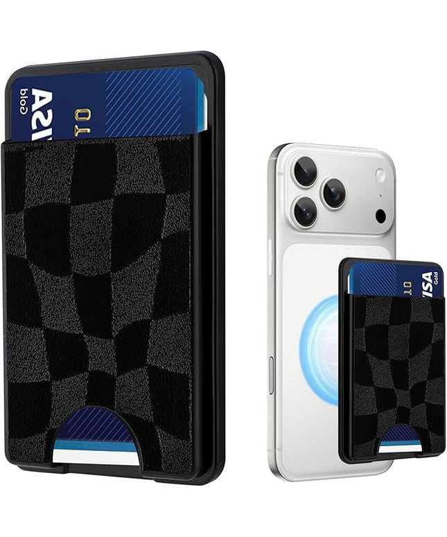 Stronger Magnetic Card Slot Wallet for iPhone 17/16/15/14/13/12 Series (Not for 13/12 Mini), Checkered Pattern Hard Card Holder Fit 3 Cards Compatible with Magsafe Accessories, Black