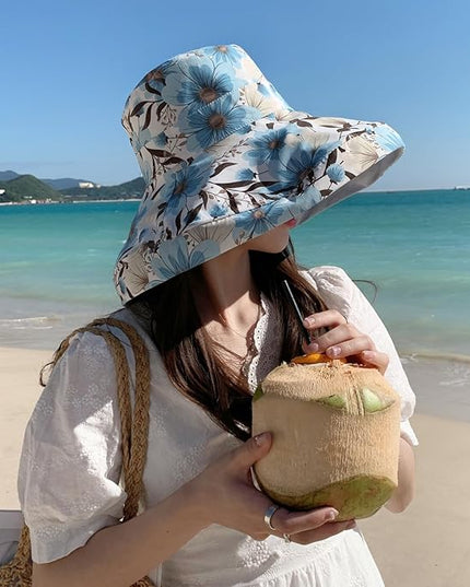 HUAMULAN Women Summer Sun Hat Wide Brim Wired Edge Floral Beach Bucket Hats Reversible Foldable Travel UV Protection Lady Hat