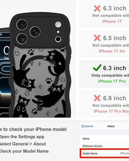Cute Case for iPhone 17 Pro Case [Compatible with MagSafe] with Kawaii Black Cats Cat Print Pattern Design for Women Girls, Soft Wavy Edge Anti-Slip Animal Magnetic Protective Phone Cover