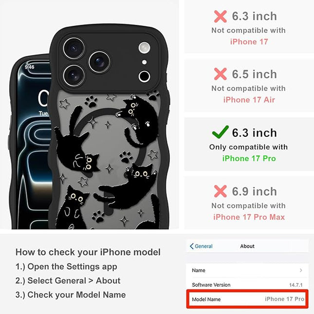 Cute Case for iPhone 17 Pro Case [Compatible with MagSafe] with Kawaii Black Cats Cat Print Pattern Design for Women Girls, Soft Wavy Edge Anti-Slip Animal Magnetic Protective Phone Cover