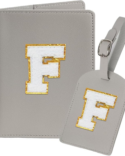 Initial Passport Cover Holder and Luggage tag Set,PU Leather Passport Case Travel Suitcase Tag with Letter Patch, Personalized Travel Luggage Accessories Gifts for Women Grils Teenage Grey F