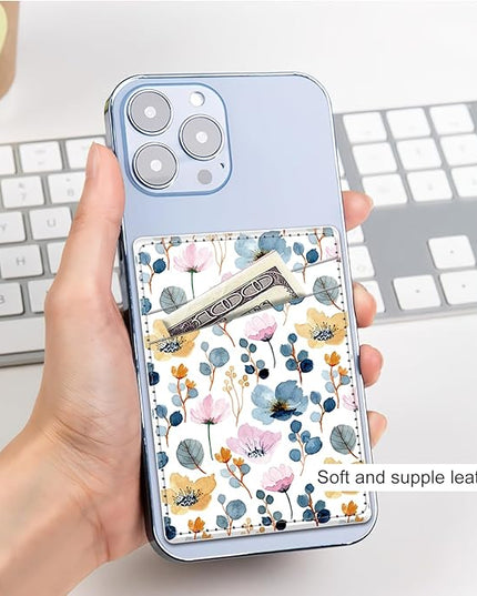 Phone Card Holder, Dual Pocket Leather Wallet Adhesive Stick On, Cute Credit Card Holder for Smartphones Case Compatible with Most Phone（Stamens）