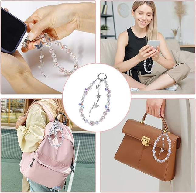 Glitter Beaded Phone Charm for Women – Sparkling Crystal Butterfly & Flower Design, Cute Pearl Anti-Lost Cellphone Lanyard Wrist Strap for Phone, Bag & Keys (HD-White)