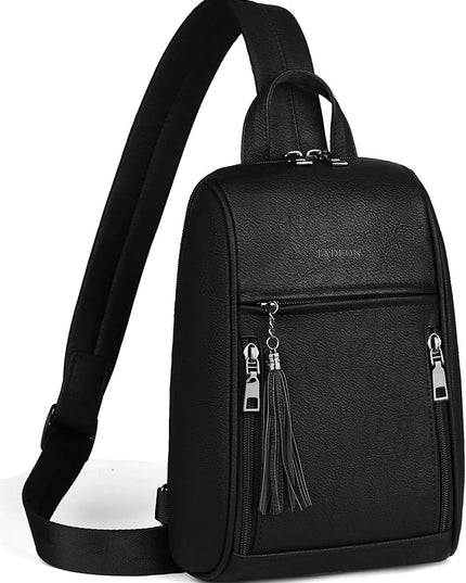 FADEON Sling Bag for Women, Crossbody Backpack with Tassels, Designer Leather Shoulder Chest Bags for Travel