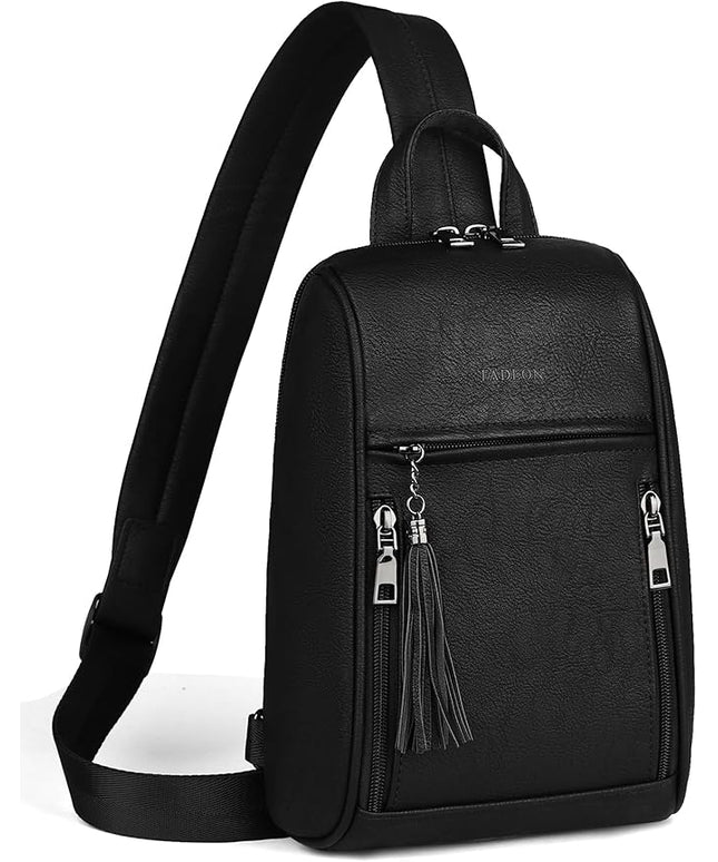 FADEON Sling Bag for Women, Crossbody Backpack with Tassels, Designer Leather Shoulder Chest Bags for Travel