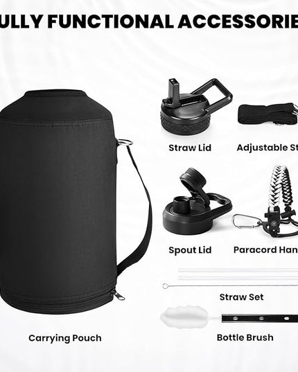 One Gallon Water Bottle Insulated, Triple Walled Vacuum Stainless Steel (Cold for 48 Hrs), Leak Proof & Non-BPA, Large Water Flask Jug with Paracord Handle & Straw Spout Lids