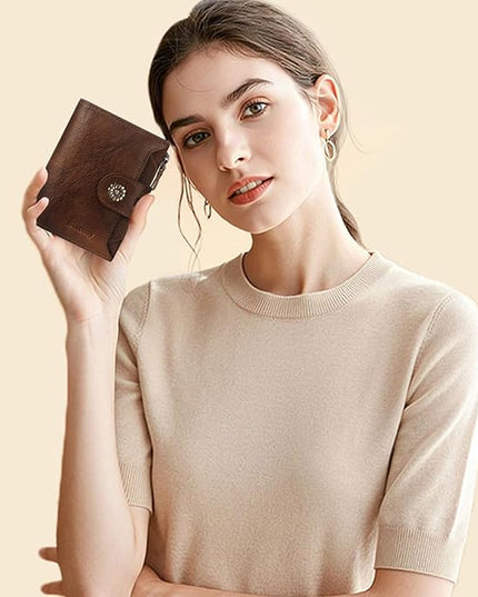 Blucoay Wallet Women,RFID Blocking Womens Wallet,Real Leather Bifold Compact Small Wallet for Women Card Holder with Zip Coin Pocket(Darkcoffee)