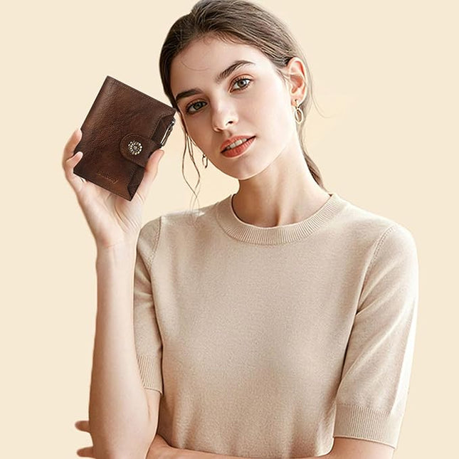 Blucoay Wallet Women,RFID Blocking Womens Wallet,Real Leather Bifold Compact Small Wallet for Women Card Holder with Zip Coin Pocket(Darkcoffee)