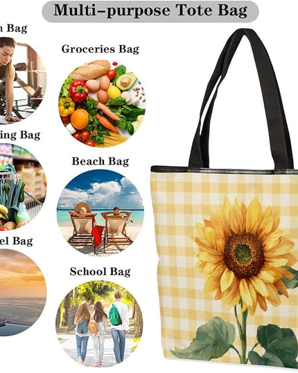 Pardick Canvas Tote Bags, Sunflower Tote Bag Eco Friendly Reusable Grocery Shopping Bagsfor Beach, Books, Women with Zipper Inner Pocket