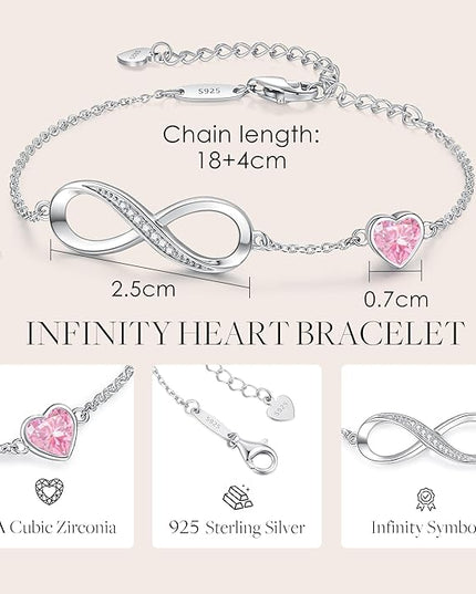 CDE Valentine's Day Gift Infinity Heart Birthstone Charm Link Bracelet for Women 925 Sterling Silver Adjustable Mother's Day Christmas Day Gift Anniversary Birthday Jewelry for Wife Girlfriend Her