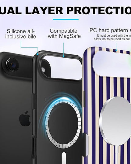 Magnetic for iPhone 17 Air Case Cute Stripes Phone Case, Shockproof Slim TPU and Hard PC Protective Phone Cover Compatible with MagSafe Designed for Women Girls, Deep Purple