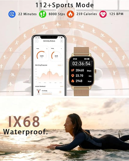 Smart Watch for Women Android/iPhone: Fitness Tracker Smart Watches Answer/Make Call IP68 Waterproof 1.85" Smartwatch Activity Pedometer Heart Rate SpO2 Monitor 120+ Sports Model Gold Womens Watches