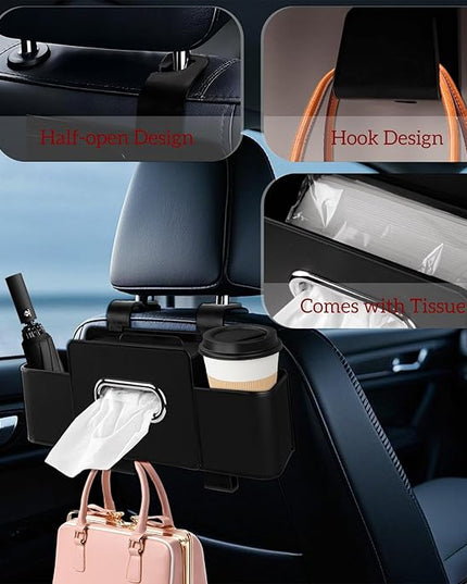 Car Back Seat Organizer with Tissue, Car Seat Back Tissue Box and Storage Hook, Multifunctional Car Organizer for Hold Phone,Drinks,Handbag,Compatible with Most Vehicles (Black)