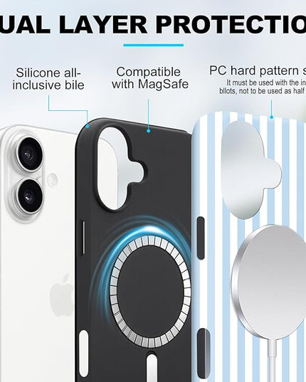 Magnetic for iPhone 16 Case Cute Stripes Phone Case, Shockproof Slim TPU and Hard PC Protective Phone Cover Compatible with MagSafe Designed for Women Girls, Blue and White