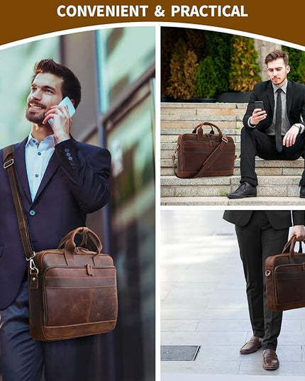 Jack&Chris Full Grain Leather Briefcase for Men, Business Messenger Bag Laptop Bag Attache Case, Fits 15.6 Inch Laptop