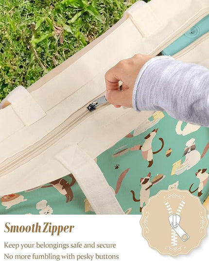 Large Tote Bag for Women - Aesthetic Cute Big Canvas Bags with Zipper Cotton Shoulder Bag for Gym, Travel, Work