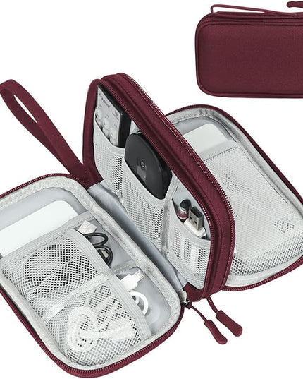 FYY Electronic Organizer, Travel Cable Organizer Bag Pouch Electronic Accessories Carry Case Portable Waterproof Double Layers Storage Bag for Cable, Charger, Phone, Earphone, Medium Size, Wine Red