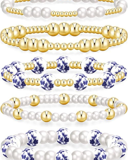 Gold Beaded Bracelets for Women, 14K Real Gold Plated Jewelry for Women Dainty Pearl Bead Bracelets Stack, Non Tarnish Trendy Stackable Ball Cross Stretch Bracelet Set Fashion Accessories Gifts