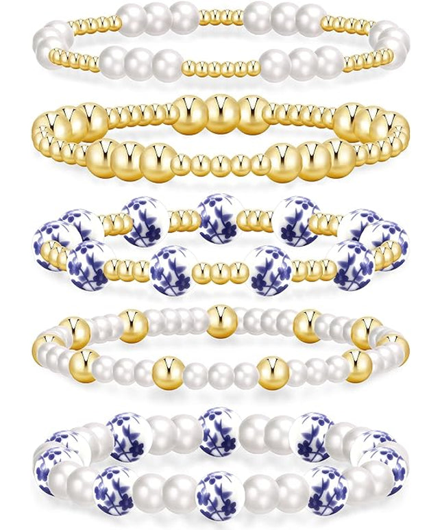 Gold Beaded Bracelets for Women, 14K Real Gold Plated Jewelry for Women Dainty Pearl Bead Bracelets Stack, Non Tarnish Trendy Stackable Ball Cross Stretch Bracelet Set Fashion Accessories Gifts