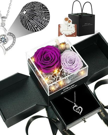 Birthday Gifts for Women, Preserved Real Roses with Heart Necklace I Love You in 100 Languages, Anniversary Wedding Gifts for Women Her Girlfriend Wife, 2 Forever Roses Necklace Gift Box Purple