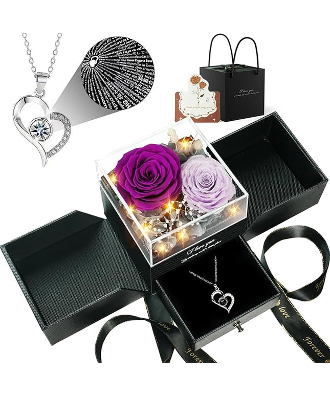 Birthday Gifts for Women, Preserved Real Roses with Heart Necklace I Love You in 100 Languages, Anniversary Wedding Gifts for Women Her Girlfriend Wife, 2 Forever Roses Necklace Gift Box Purple