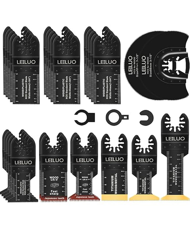 LEILUO 32 Pcs Multitool Blade Kit for Wood Nails Japanese Tooth Oscillating Saw Blades Titanium Oscillating Tool Blade with Storage Bag Compatible with DeWalt Dremel Makita and More