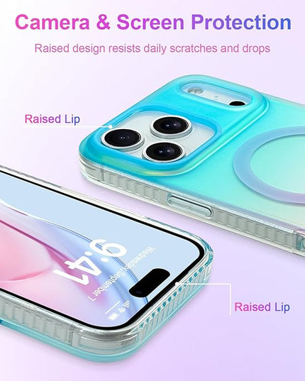Aesthetic Case for iPhone 17 Pro Max Case for Women Girls [Compatible with Magsafe] Cute Girly Trendy Glitter Sparkly Rainbow Magnetic Protective Phone Cover, Matte Iridescent Blue & Pink