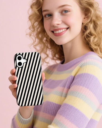 Magnetic for iPhone 17 Case Cute Diagonal Stripes Phone Case, Shockproof Slim TPU and Hard PC Protective Phone Cover Compatible with MagSafe Designed for Women Girls,Black and White