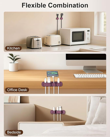 6 Pack Magnetic Cable Clips [1s Open/Lock], Laitver Cord Organizer Holder Strong Adhesive Desk Cable Management- Organize Charging Cords Neatly for Home, Office, Car,Desk, Nightstand-Dark Purple