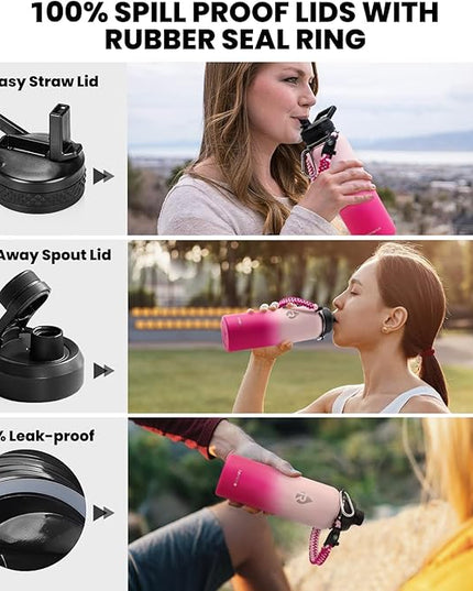 Insulated Water Bottle 40 oz, Triple Wall Vacuum Stainless Steel (Cold for 48 Hrs), Leak Proof & Non-BPA, Modern Water Flask Jug with Paracord Handle & Straw Spout Lids, Ombre Pink