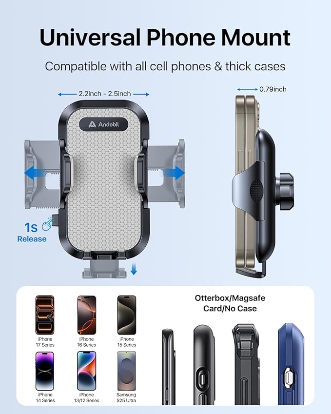 andobil 2026 Upgraded Car Phone Holder Mount for Vent, Military Sturdy Metal Clip Air Vent Phone Holder for Your Car Easy Used Cell Phone Car Mount for iPhone 16 15 14 13 12 Pro Max Samsung Grey