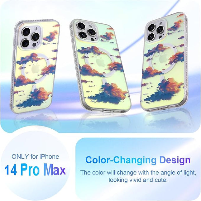 Cute Case for iPhone 14 Pro Max Case for Women Girls [ Compatible with Magsafe ] Aesthetic Cloud Pattern Design, Girly Glitter Sparkly Bling Protective Phone Cover, Iridescent Sun Set Sky