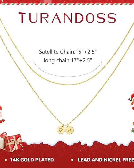 Turandoss Christmas Gifts for Grandkids - Dainty 14K Gold Plated Layered Two Letter A-Z Stack Disc Initial Necklace Trendy Birthday Personalized Gifts for Women Teen Girls Jewelry