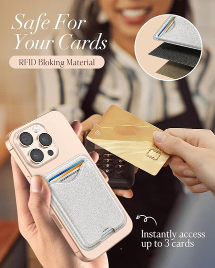 Shorogyt Compatible with Magsafe Wallet Magnetic Card Holder - Glitter Silver Phone Wallets for Women Teen Girls for iPhone 17/16/15/14/13/12 Series Slim for Apple Mag RFID Magnet, Fit 3 Cards