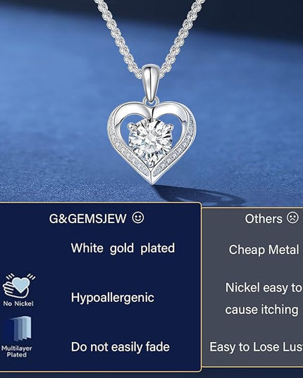 G&GEMSJEW Heart Necklaces for Women, 1-2 Carats Moissanite, 18K White Gold-Plated 925 Sterling Silver Round Brilliant Cut Moissanite Imitation Diamond Necklaces, Jewelry Gifts for Christmas Valentine's Day,Anniversary Present for Wife Women