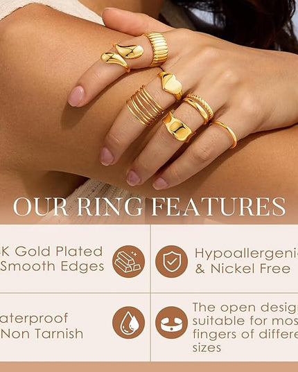 YOOSTEEL Valentines Day Gifts for Her Womens Chunky Gold Rings - 12 PCS Hypoallergenic 14K Gold Plated Thick Stackable Open Rings for Women Non Tarnish Dainty Gold Adjustable Ring Stack Set Trendy Jewelry