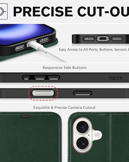 TUCCH Case Wallet for iPhone 16, Protective [TPU Shockproof Inner Shell], Kickstand PU Leather RFID Blocking [4 Card Holder] Magnetic Closure Cover Compatible with iPhone 16 5G, Green