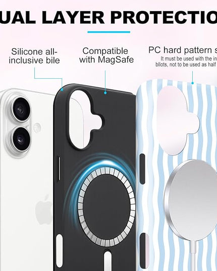 Magnetic for iPhone 16 Case Cute Wavy Stripes Phone Case, Shockproof Slim TPU and Hard PC Protective Phone Cover Compatible with MagSafe Designed for Women Girls, Blue