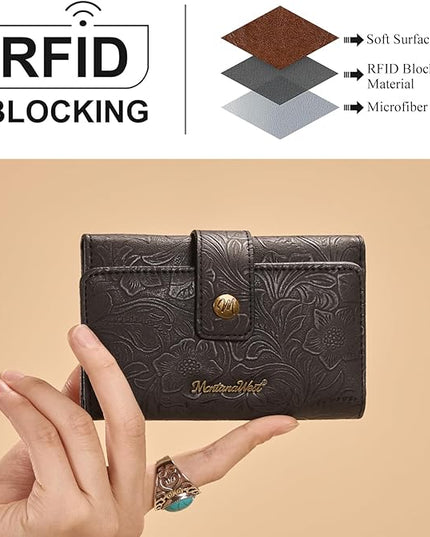 Montana West Small Black Wallet for Women Western Embossed Floral Wallet Trifold Credit Card Cash Wallets Ladies Female Travel Clutch Wallets with ID Window