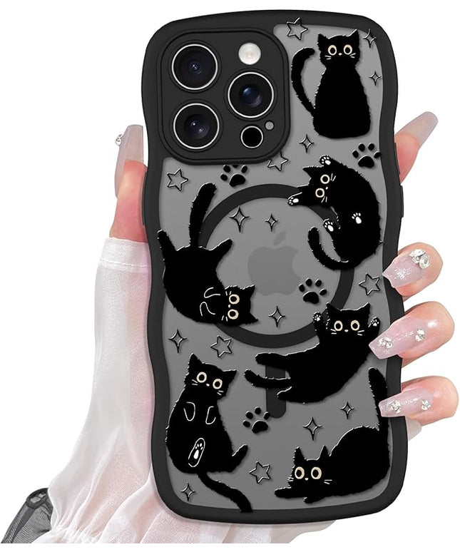Cute Case for iPhone 13 Pro Max Case [Compatible with MagSafe] with Kawaii Black Cats Cat Print Pattern Design for Women Girls, Soft Wavy Edge Anti-Slip Animal Magnetic Protective Phone Cover