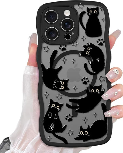 Cute Case for iPhone 14 Pro Max Case [Compatible with MagSafe] with Kawaii Black Cats Cat Print Pattern Design for Women Girls, Soft Wavy Edge Anti-Slip Animal Magnetic Protective Phone Cover