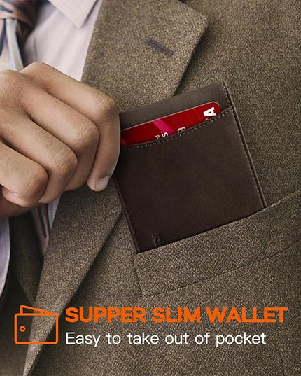 RUNBOX Slim Wallet for Men Genuine Leather RFID Blocking Bifold Minimalist Front Pocket Mens Wallet with Money Clip Thin Gift Box