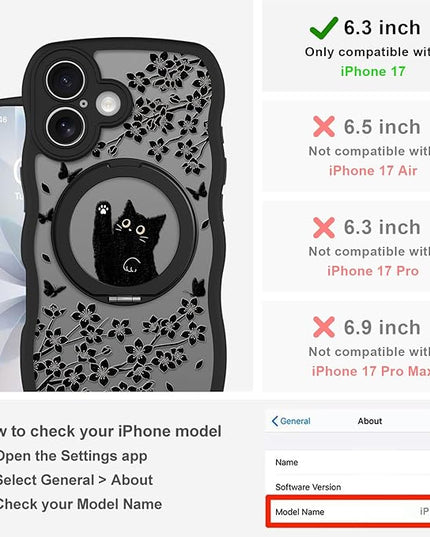 Wavy Case for iPhone 17 Case with Stand [Compatible with MagSafe] Cute Black Cat & Floral & Butterflies Pattern Design, Kawaii 360 Magnetic Ring Kickstand Phone Cover for Women Girls