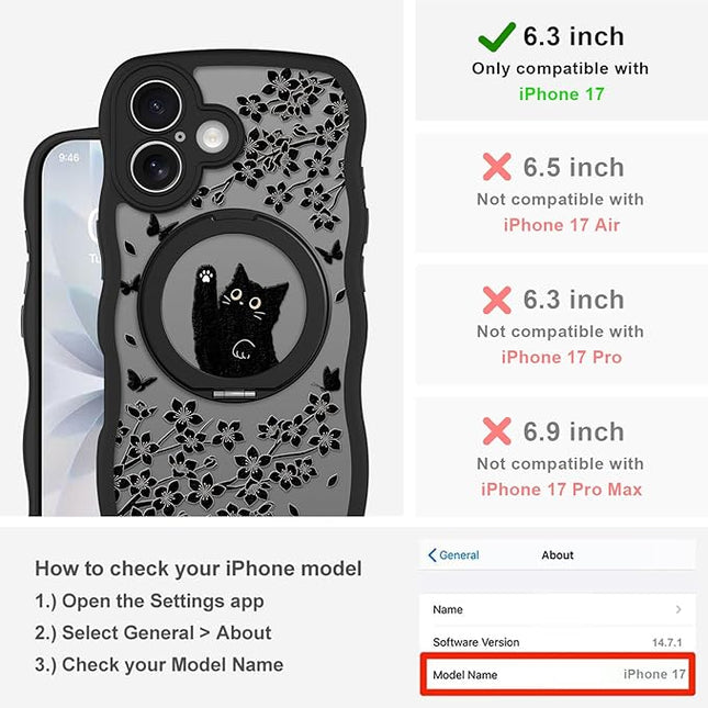 Wavy Case for iPhone 17 Case with Stand [Compatible with MagSafe] Cute Black Cat & Floral & Butterflies Pattern Design, Kawaii 360 Magnetic Ring Kickstand Phone Cover for Women Girls