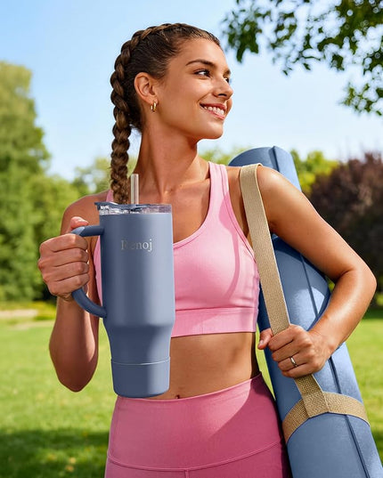 Renoj Tumbler with Handle 100% Leak Proof Insulated Water Bottle for Iced Coffee & Hot Drinks - Fits Car Cup Holder, Ideal Gift, 2 Straws & Silicone Boot BPA-Free - SnapShift Navy Blue 32 oz