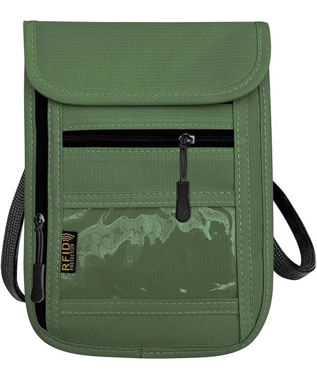 RFID Blocking Travel Neck Wallet Pouch and Passport Holder, Travel Neck Pouch Passport Holder for Women & Men - Army Green